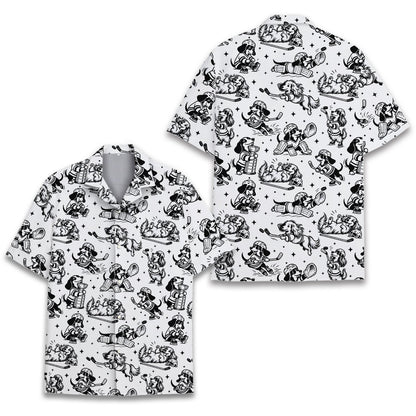 Lower front detail of the dogs playing hockey matching family Hawaiian shirt