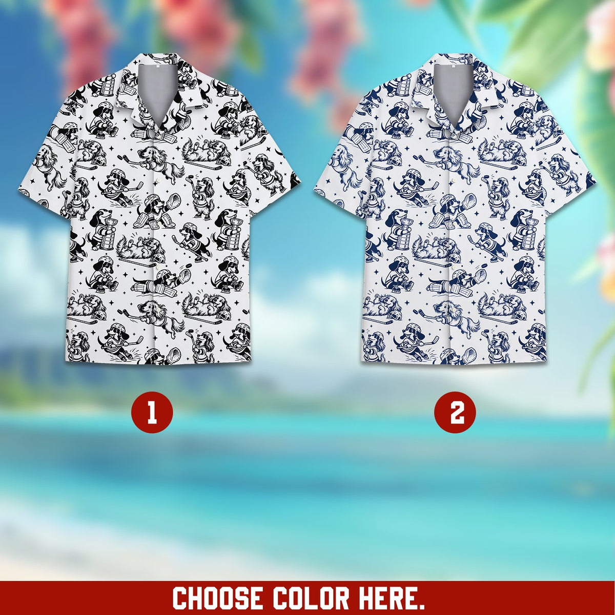 Matching family Hawaiian shirt featuring cartoon dogs playing hockey on a white background with stars, front view
