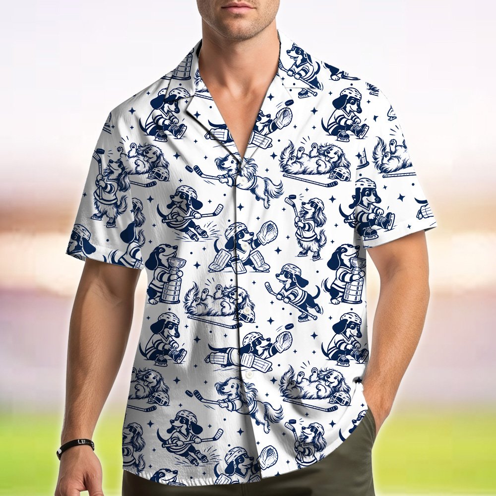 Lifestyle view of a family wearing matching dogs playing hockey Hawaiian shirts