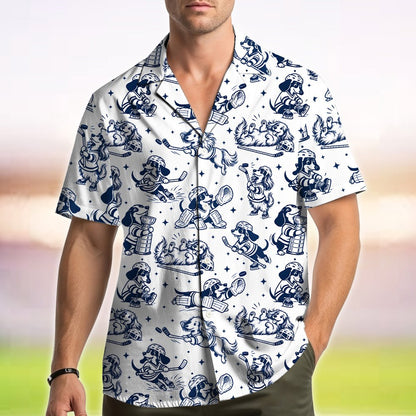 Lifestyle view of a family wearing matching dogs playing hockey Hawaiian shirts