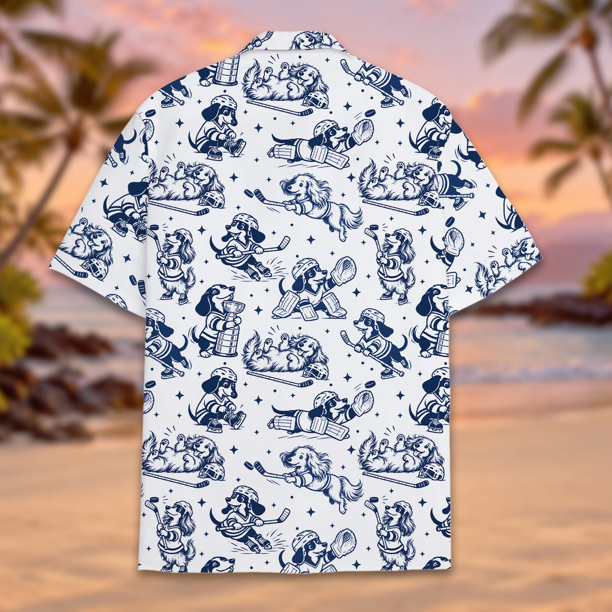 Back flat lay view of the dogs playing hockey matching family Hawaiian shirt