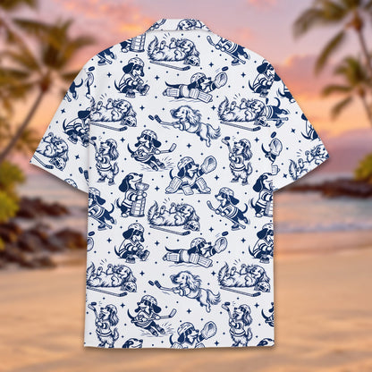 Back flat lay view of the dogs playing hockey matching family Hawaiian shirt