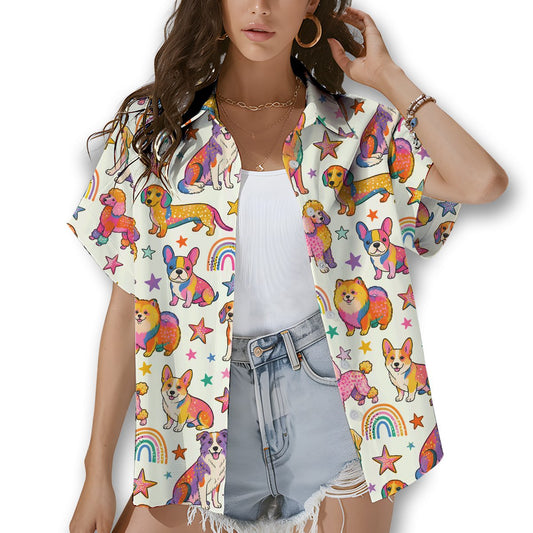 Front view of the rainbow hawaiian shirt featuring a colorful dog pattern