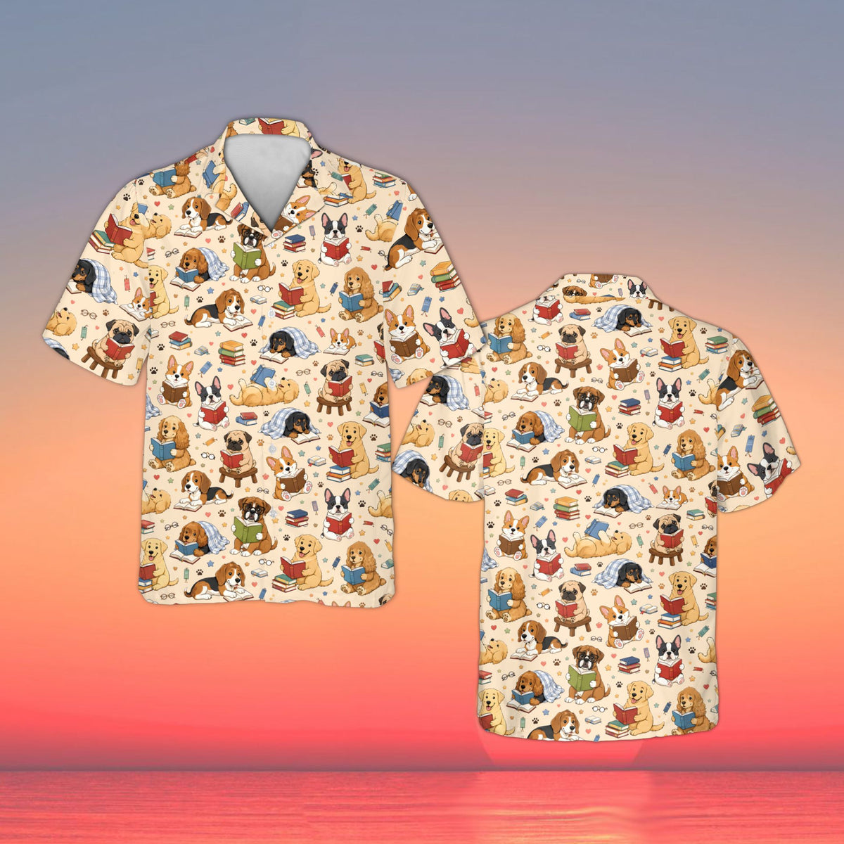 Matching family hawaiian shirts reading pattern in beige, front view