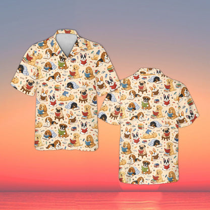 Matching family hawaiian shirts reading pattern in beige, front view