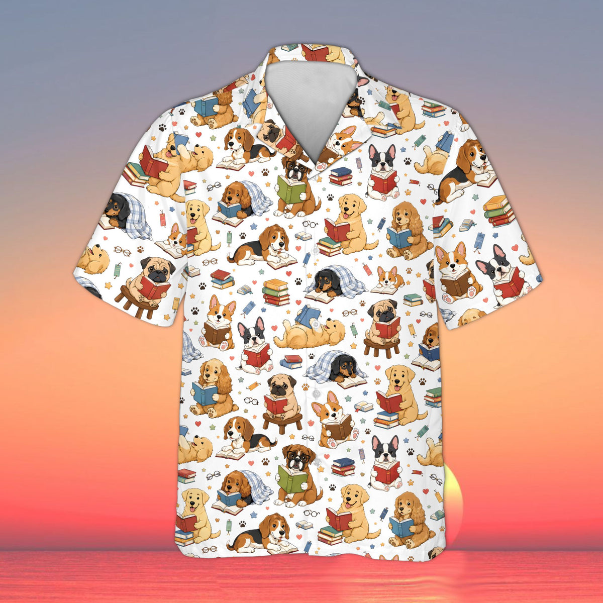 Reading hawaiian shirt with dogs and books pattern in white, front view