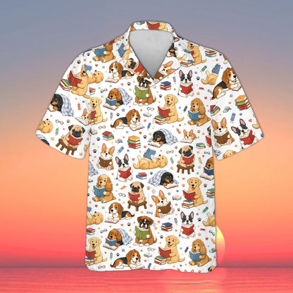 Reading hawaiian shirt with dogs and books pattern in white, front view
