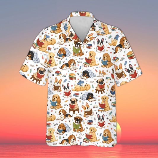 Reading hawaiian shirt with dogs and books pattern in white, front view
