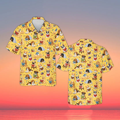 Family hawaiian shirts with book and dog pattern in yellow, front view