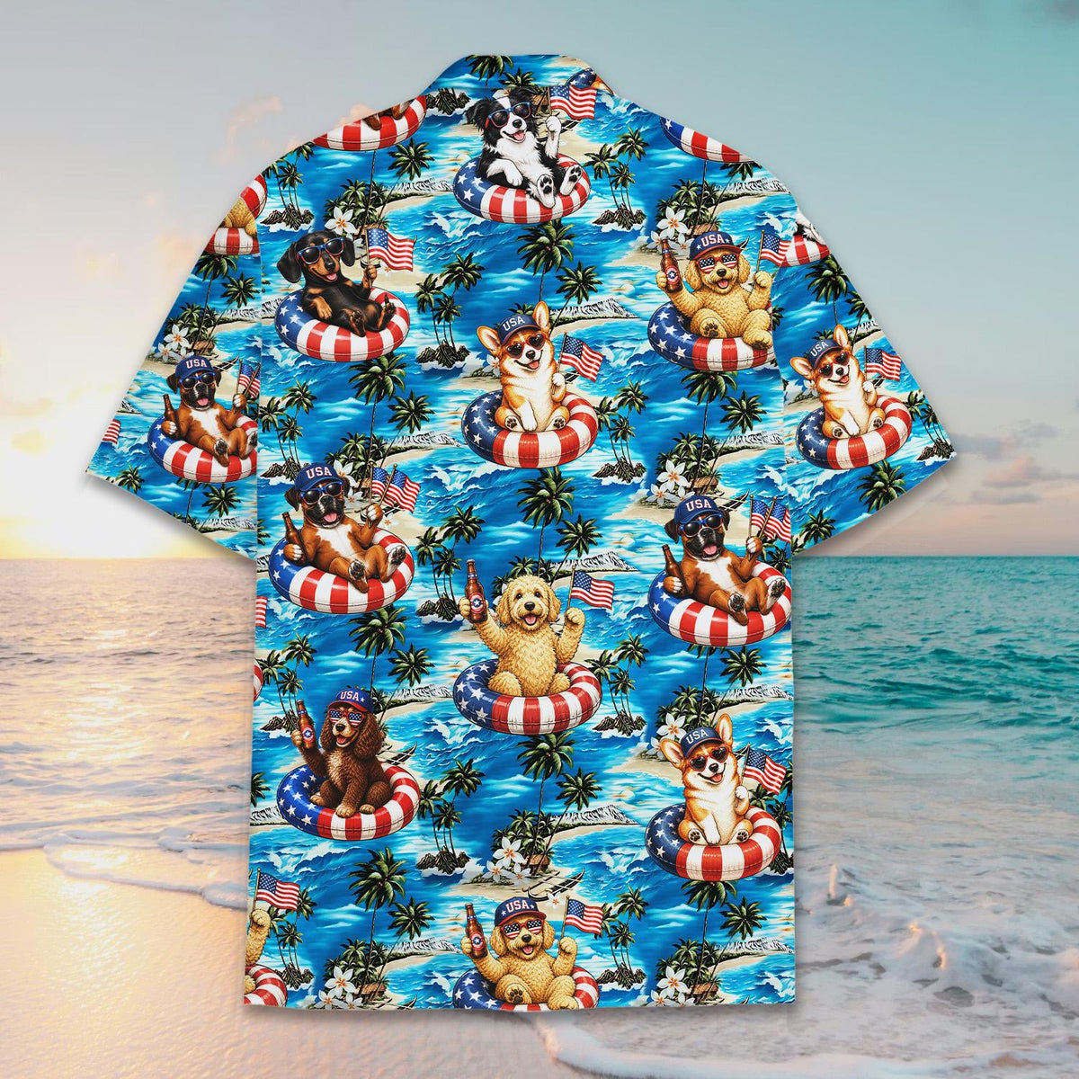 Matching family Hawaiian shirts featuring patriotic dogs on a beach, back view