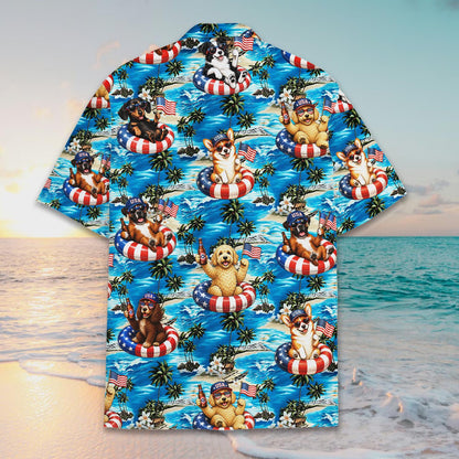 Matching family Hawaiian shirts featuring patriotic dogs on a beach, back view