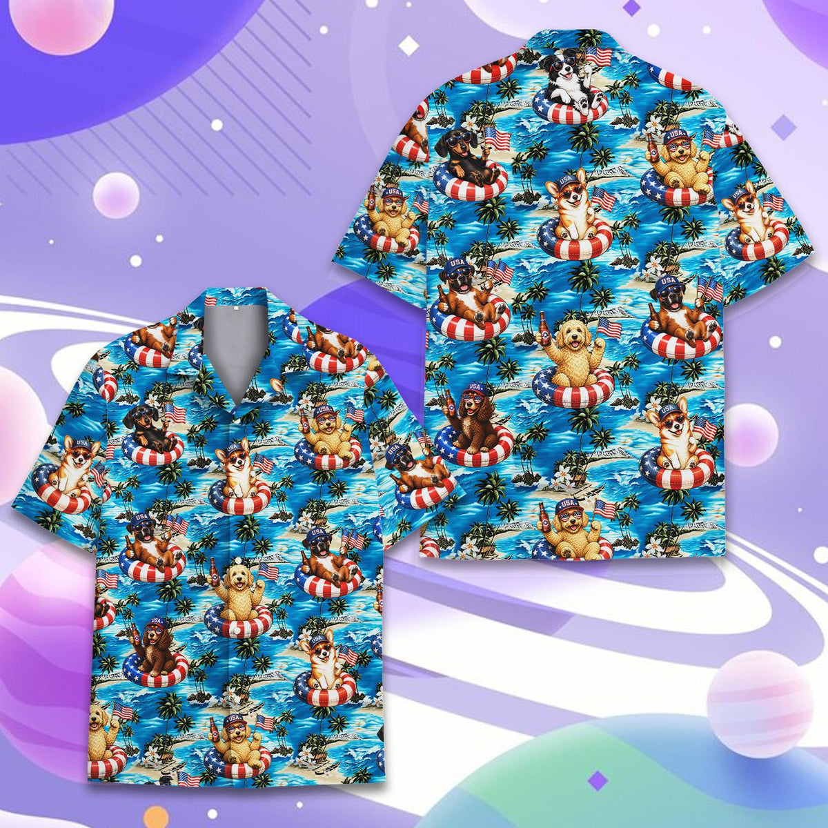 Matching family Hawaiian shirts, patriotic dogs tropical theme, front view 2