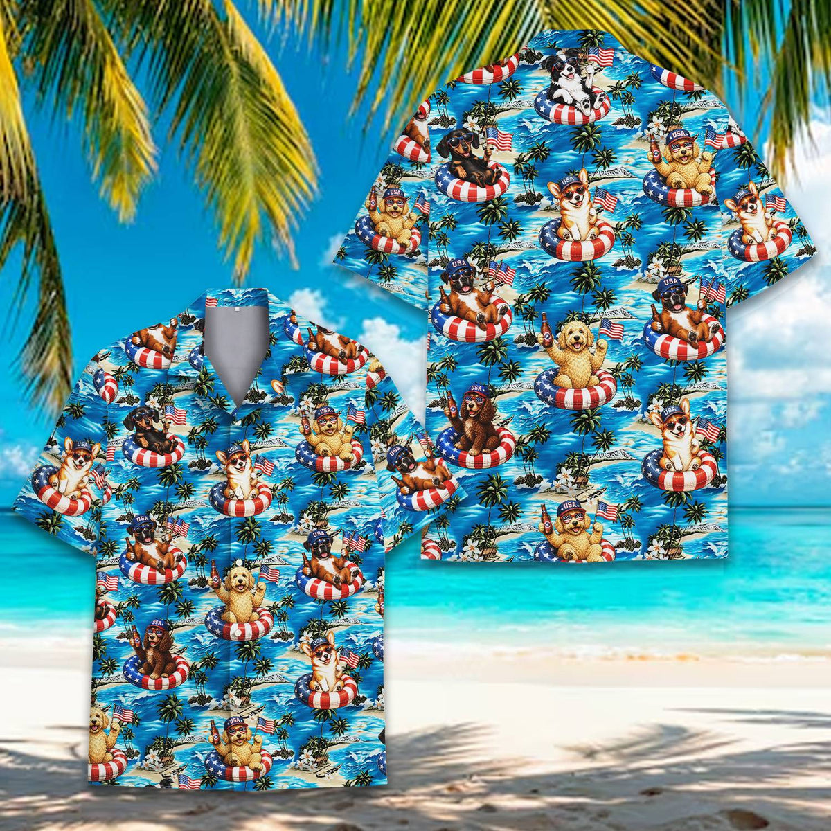 Matching family Hawaiian shirts, patriotic dogs tropical theme, front view 3
