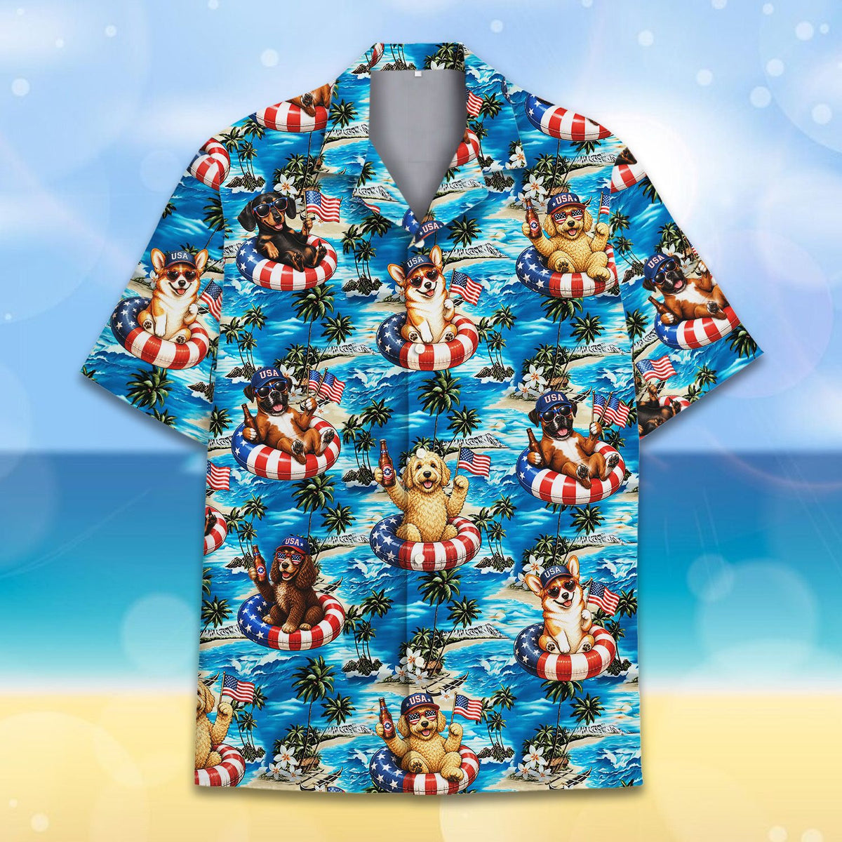 Matching family Hawaiian shirts, patriotic dogs tropical theme, front view 4