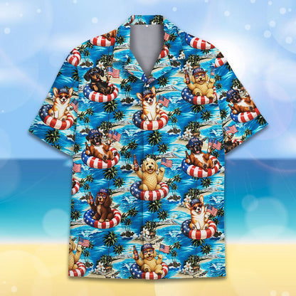 Matching family Hawaiian shirts, patriotic dogs tropical theme, front view 4