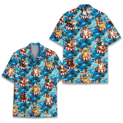 Matching family Hawaiian shirts, patriotic dogs tropical theme, front view 5