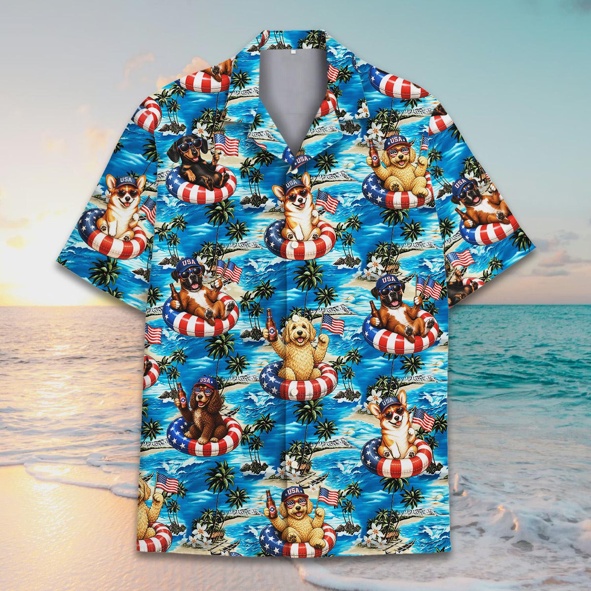 Matching family Hawaiian shirts, patriotic dogs tropical theme, front view 6