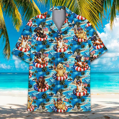 Matching family Hawaiian shirts, patriotic dogs tropical theme, front view 7