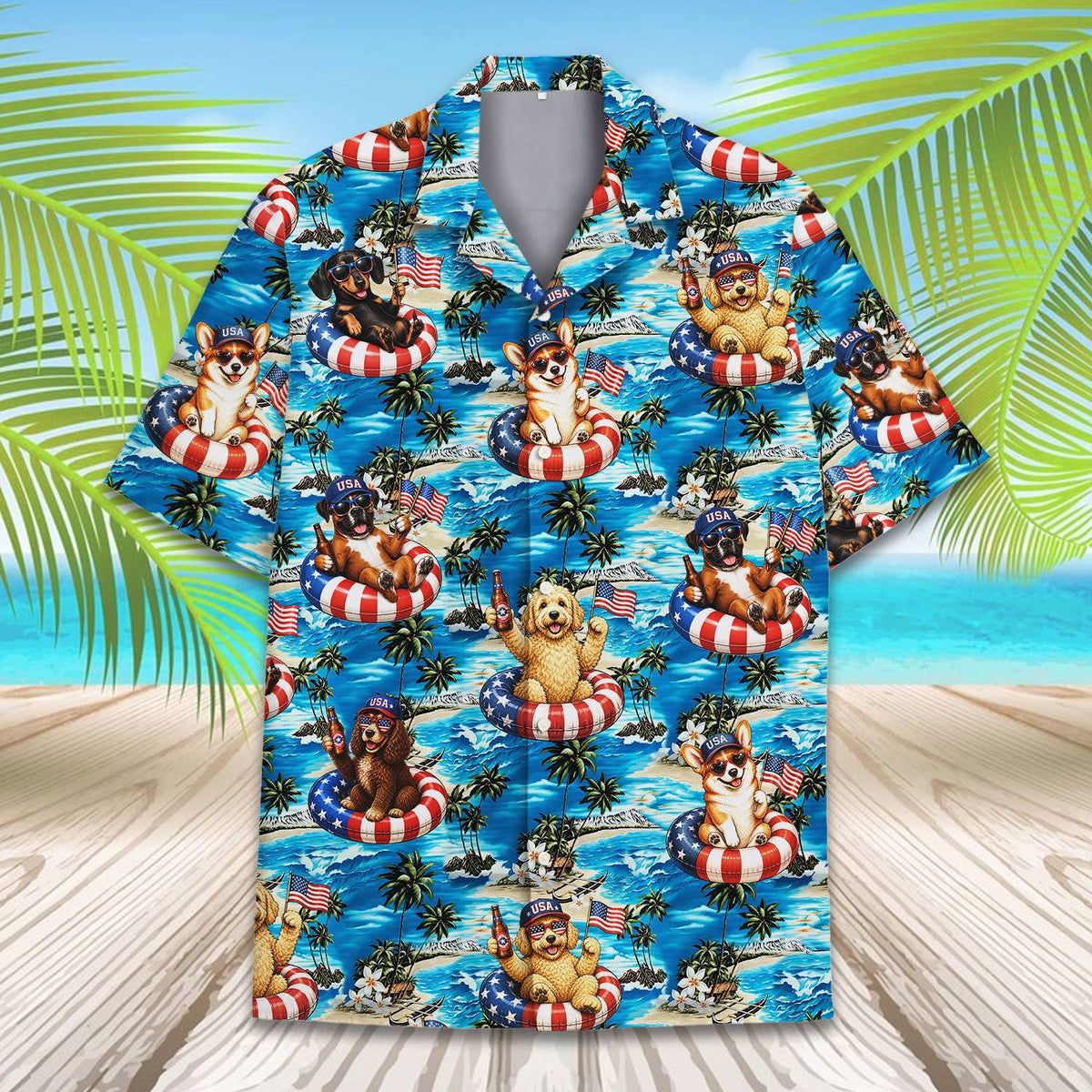 Matching family Hawaiian shirts, patriotic dogs tropical theme, front view 8