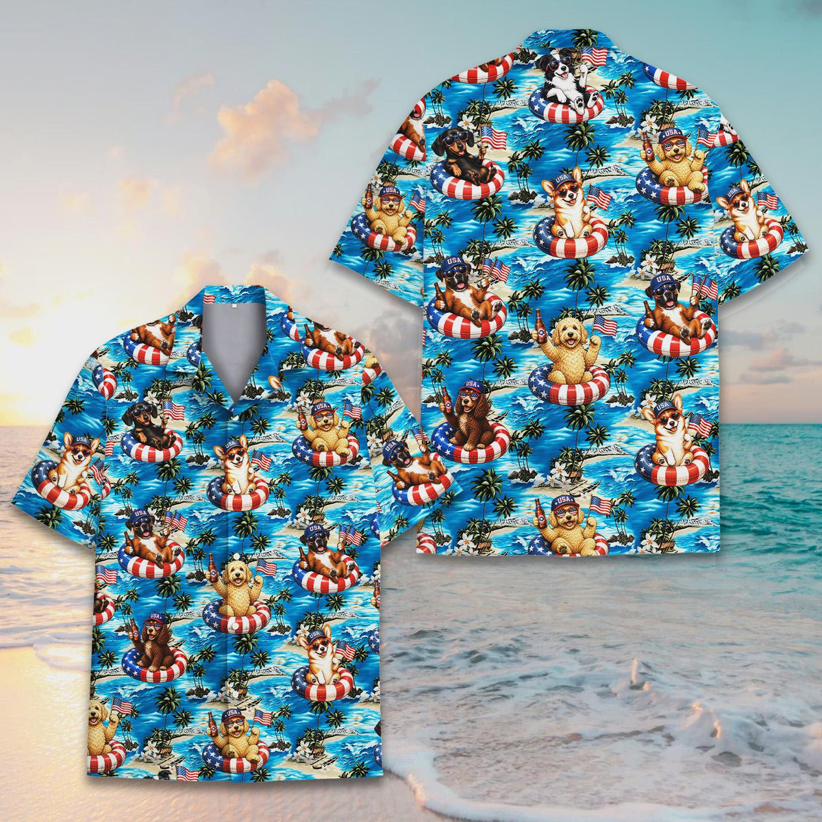 Matching family Hawaiian shirts with patriotic dogs design, front view