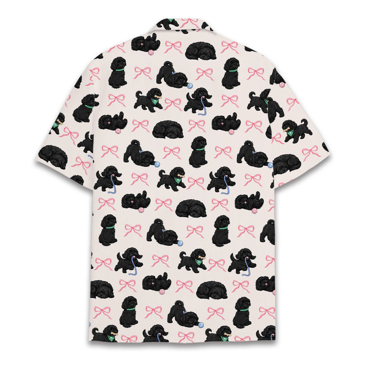 Close-up back view of the hawaiian shirt with black dogs and pink bows