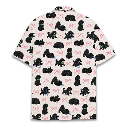 Close-up back view of the hawaiian shirt with black dogs and pink bows