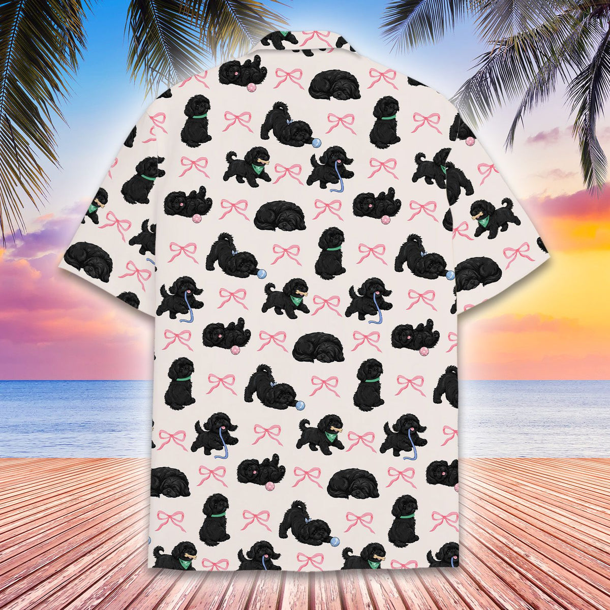 Back view of the matching family hawaiian shirt showing the all-over dog pattern