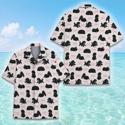 Detailed front view of the dog pattern hawaiian shirt showing the collar