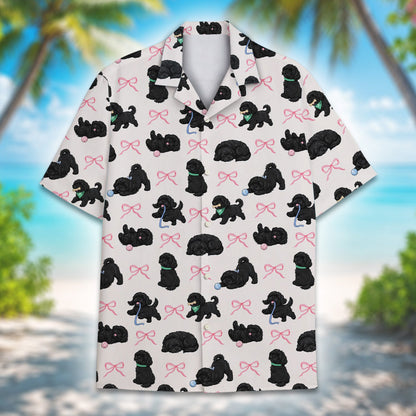 Close-up front view of the playful dogs and pink bows pattern on the hawaiian shirt