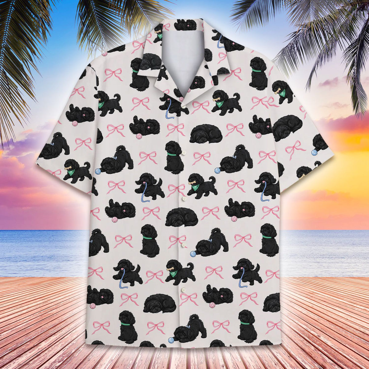 Another front angle of the matching family hawaiian shirt with dog design