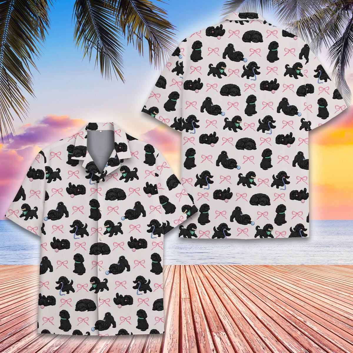 Front view of the matching family hawaiian shirt featuring a black dog pattern