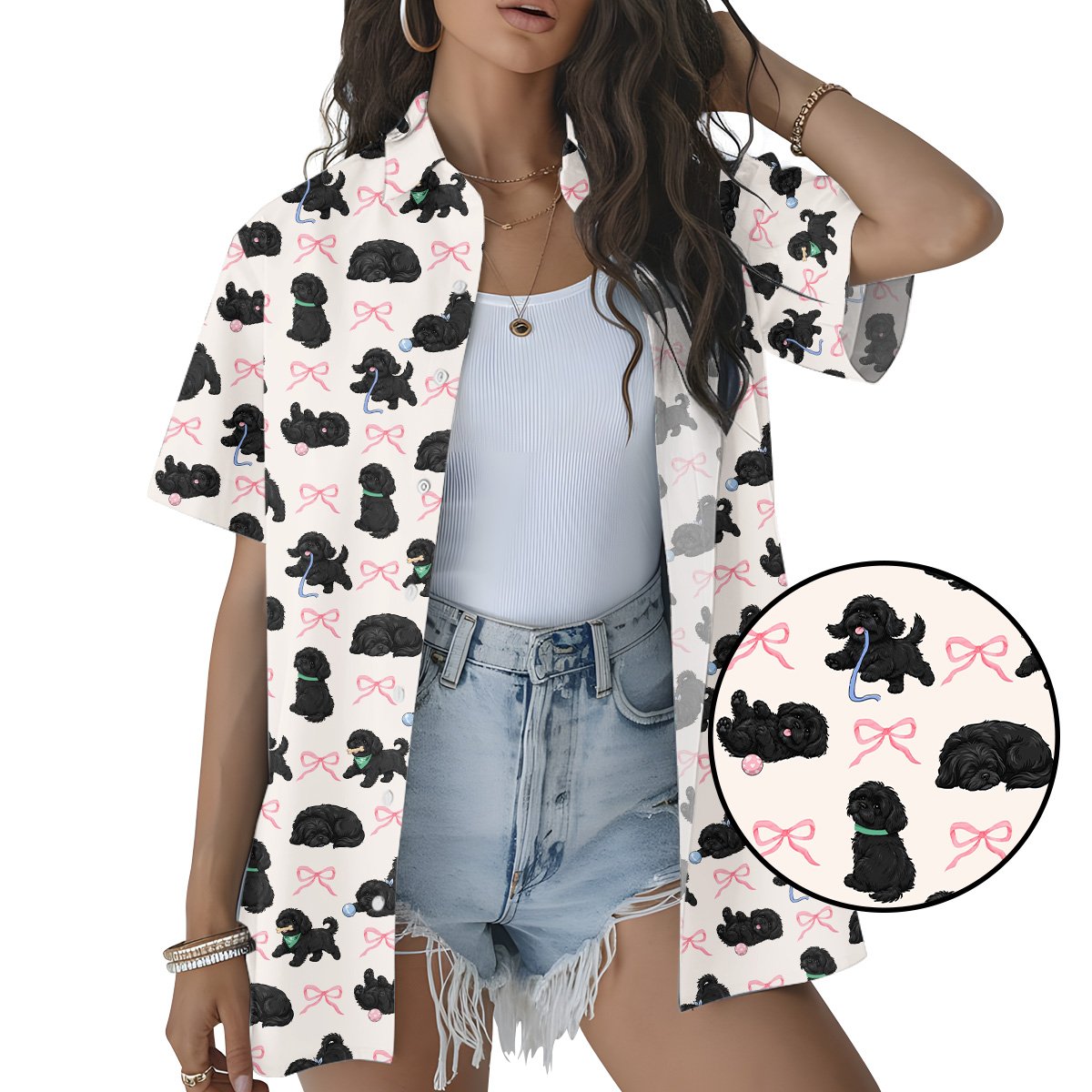 Second lifestyle image showing the dog pattern hawaiian shirt in a casual setting