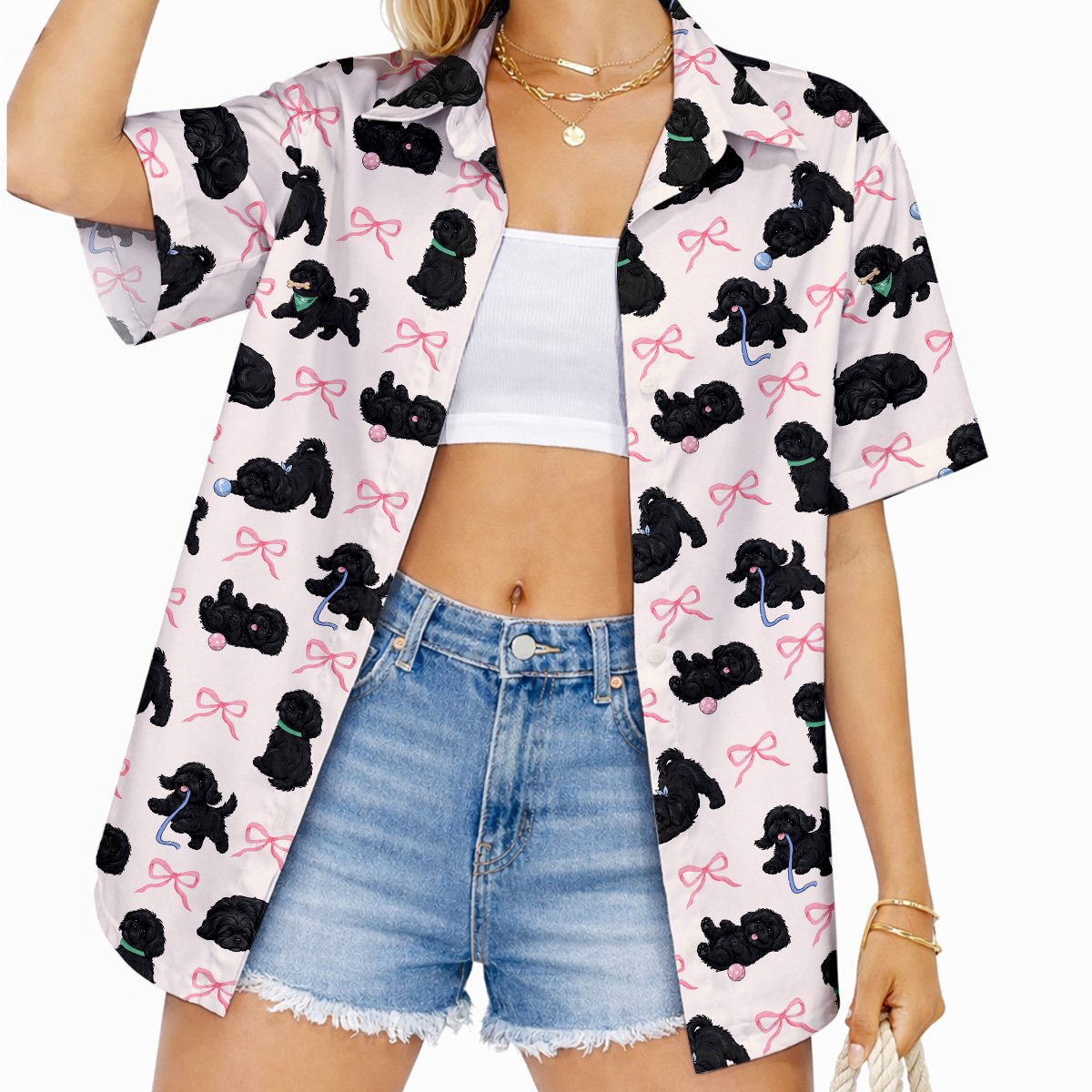 Third lifestyle image of the matching family hawaiian shirt featuring playful dogs