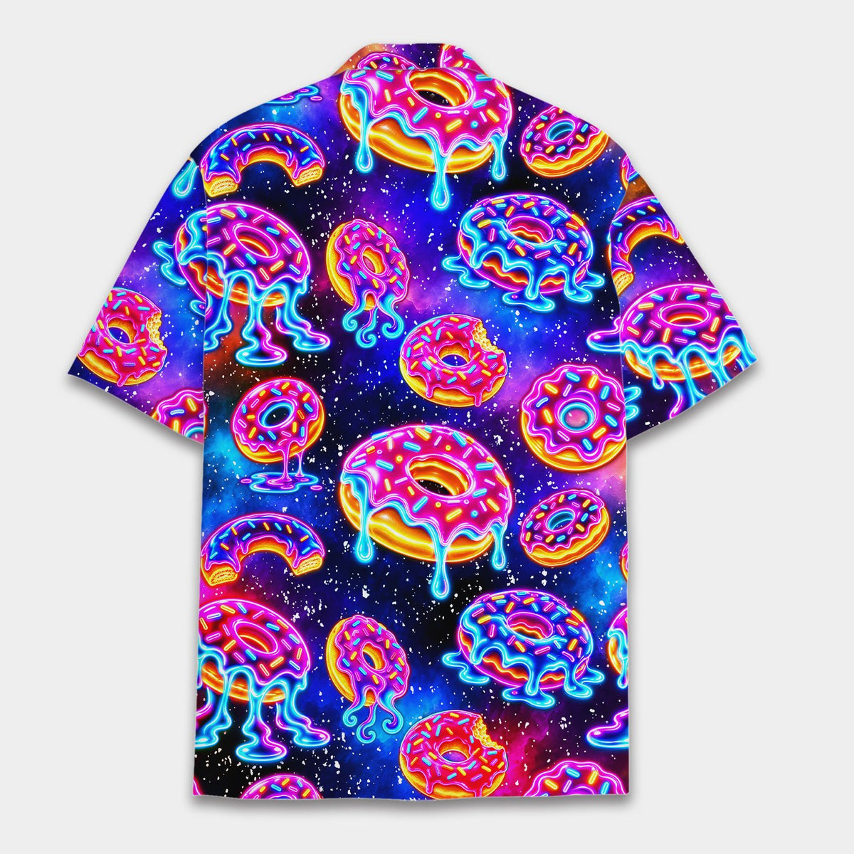 Back view of the neon space donuts hawaiian shirt