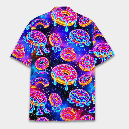 Back view of the neon space donuts hawaiian shirt