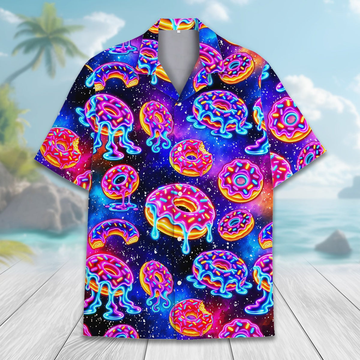 Front detail of the abstract hawaiian shirt with space donuts