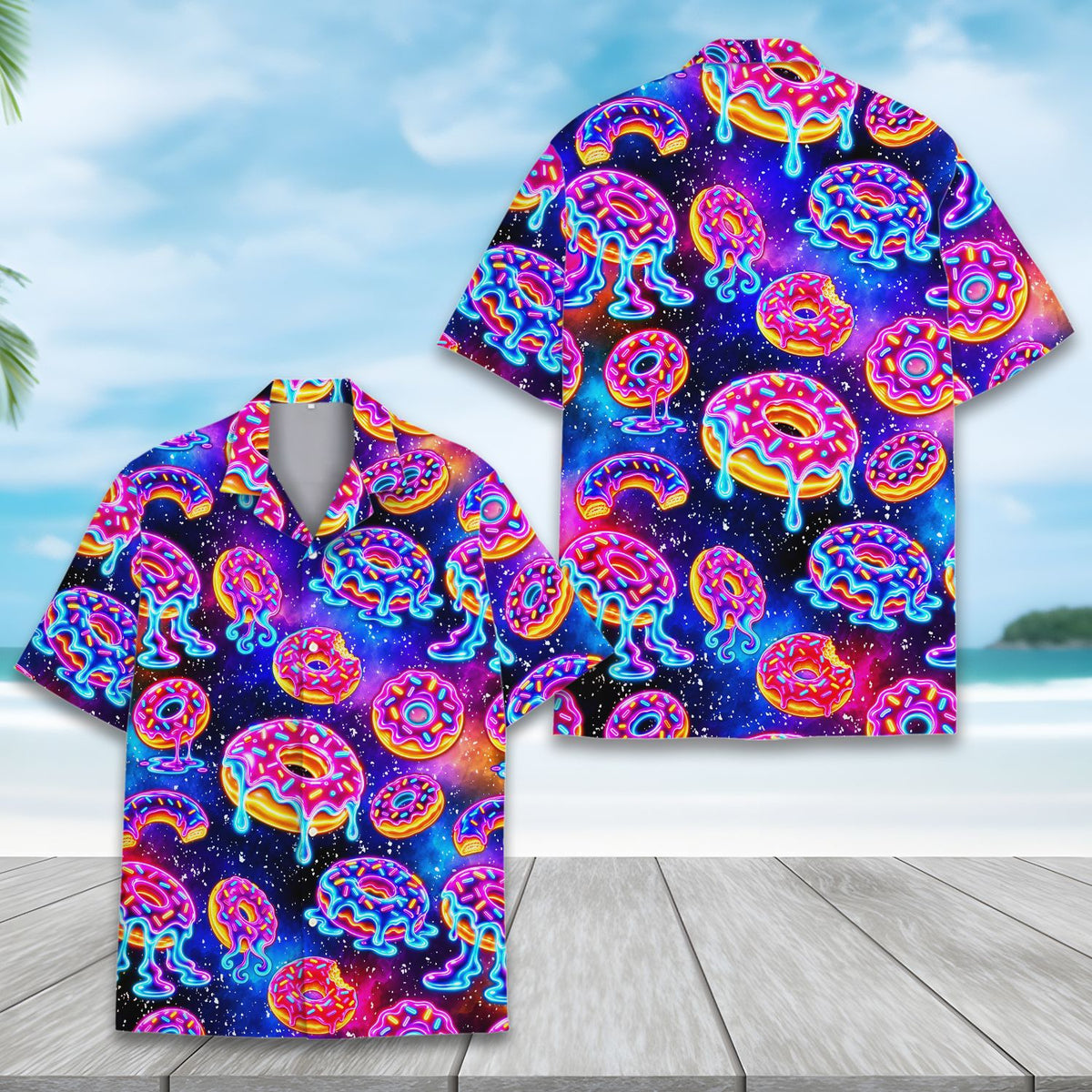 Close up front view of the navy donuts hawaiian shirt