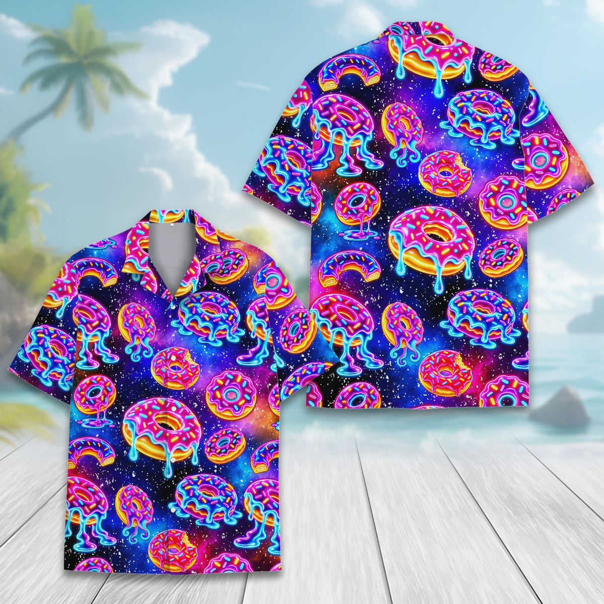 Additional front view of the cosmic donut family hawaiian shirt