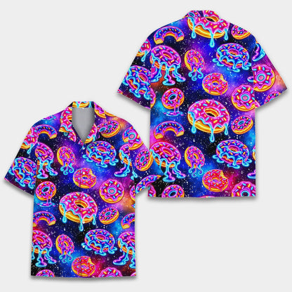 Navy donuts hawaiian shirt with neon cosmic print, main view