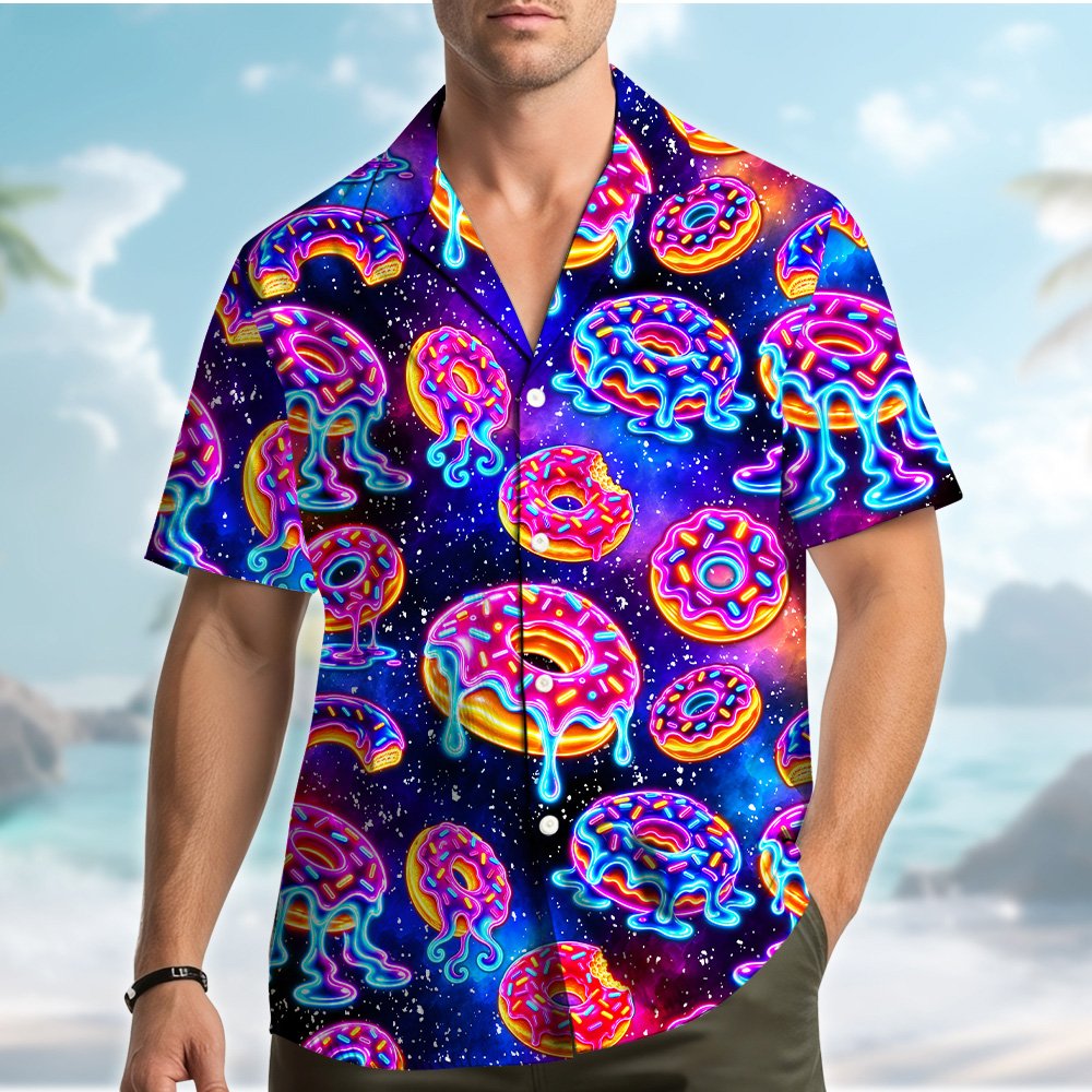 Another lifestyle shot featuring the abstract donuts hawaiian shirt