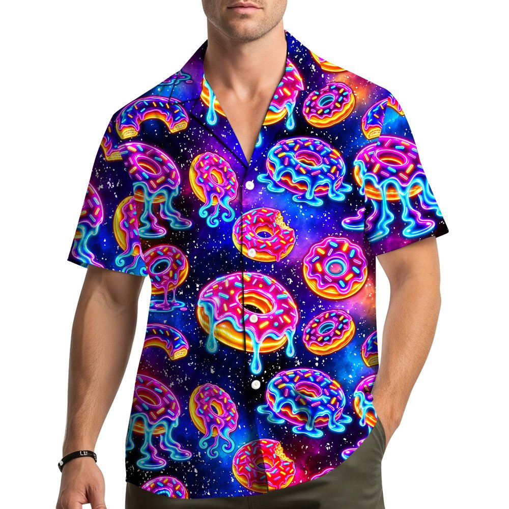 Family wearing matching navy donuts hawaiian shirts outdoors
