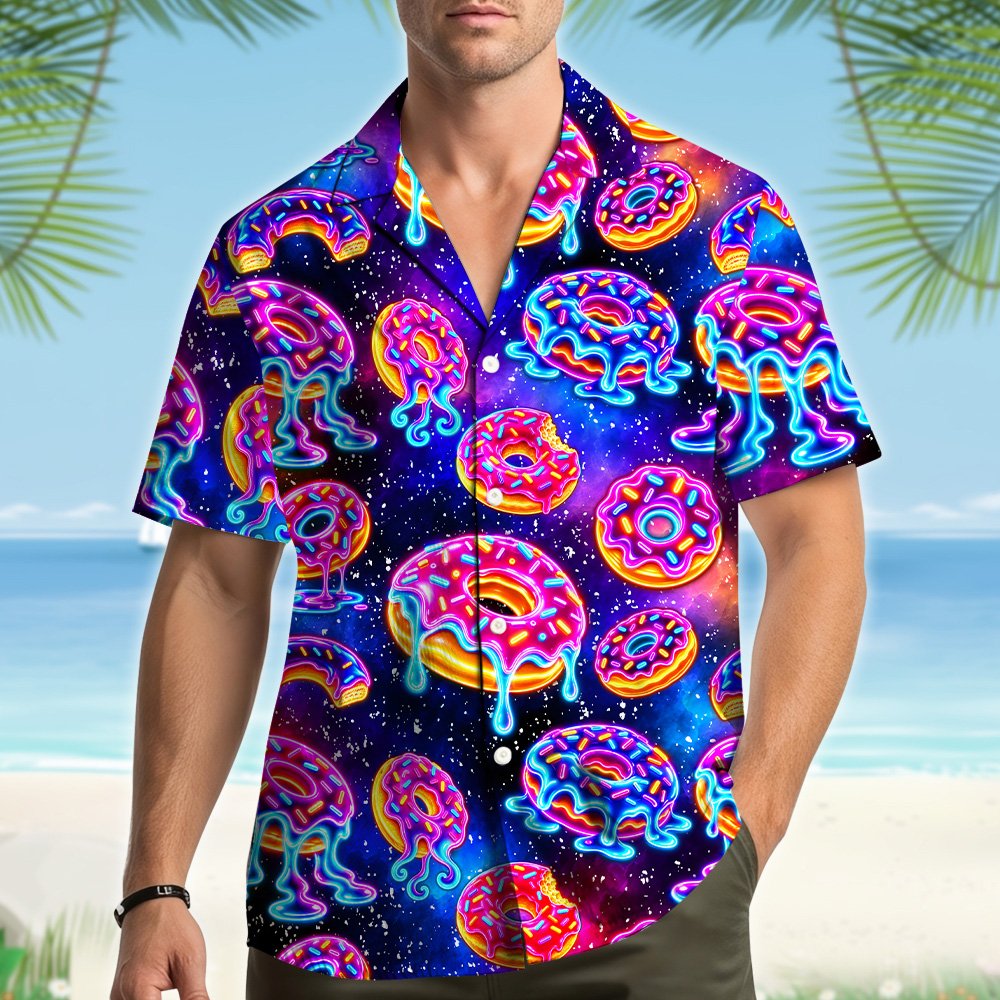 Lifestyle view of matching family hawaiian shirts with neon donuts