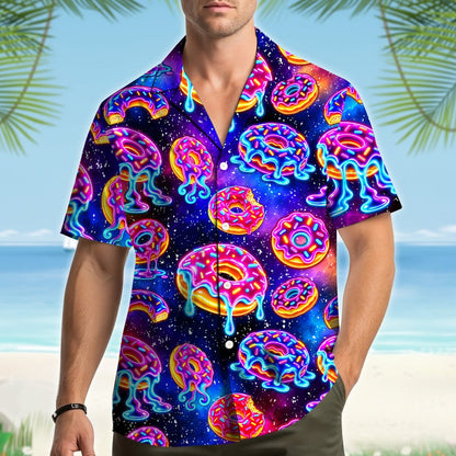 Lifestyle view of matching family hawaiian shirts with neon donuts