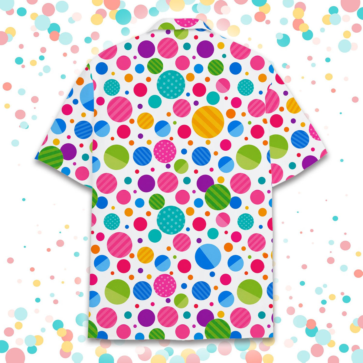 Alternative back view of the patterned polka dot hawaiian shirt
