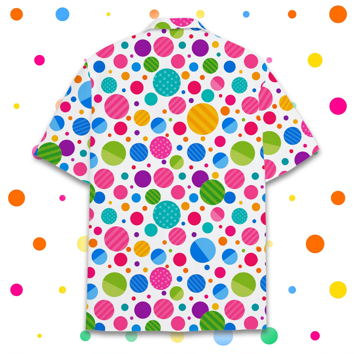 Back view of the white hawaiian shirt showing the colorful dot pattern