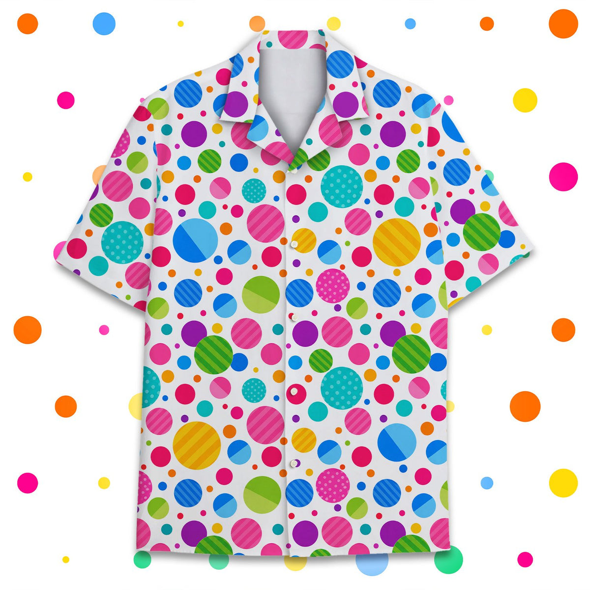 Another front view of the short-sleeved dot day hawaiian shirt