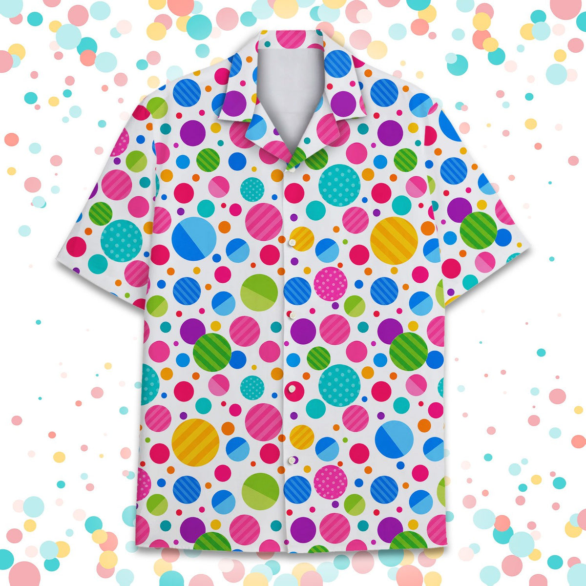 Front view of the white matching family hawaiian shirt with bright geometric dots