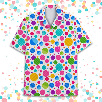 Main view of the dot day hawaiian shirt featuring colorful polka dots on a white background