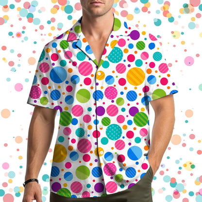 Lifestyle setting featuring the colorful patterned dot hawaiian shirt