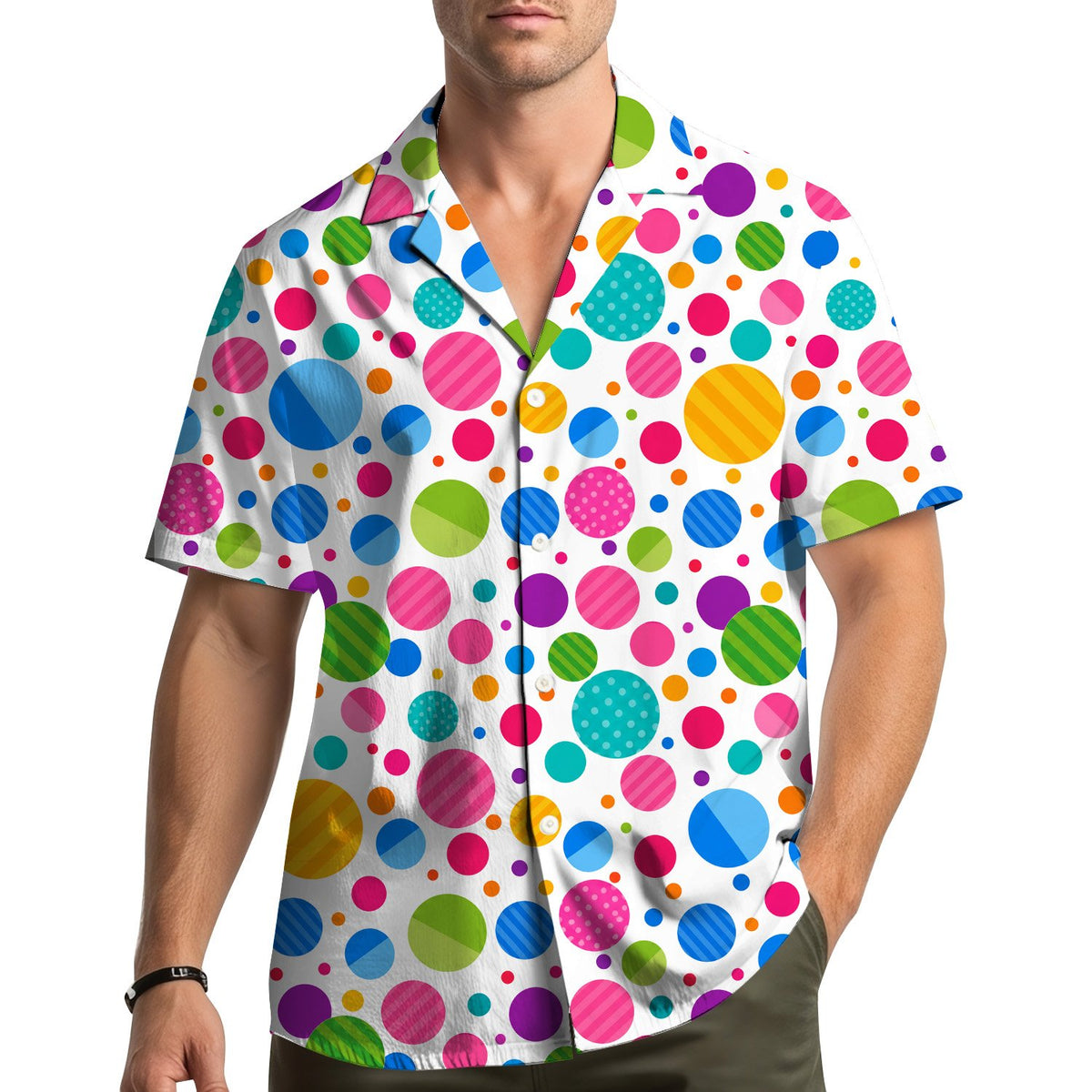 Lifestyle view showing the dot day hawaiian shirt being worn